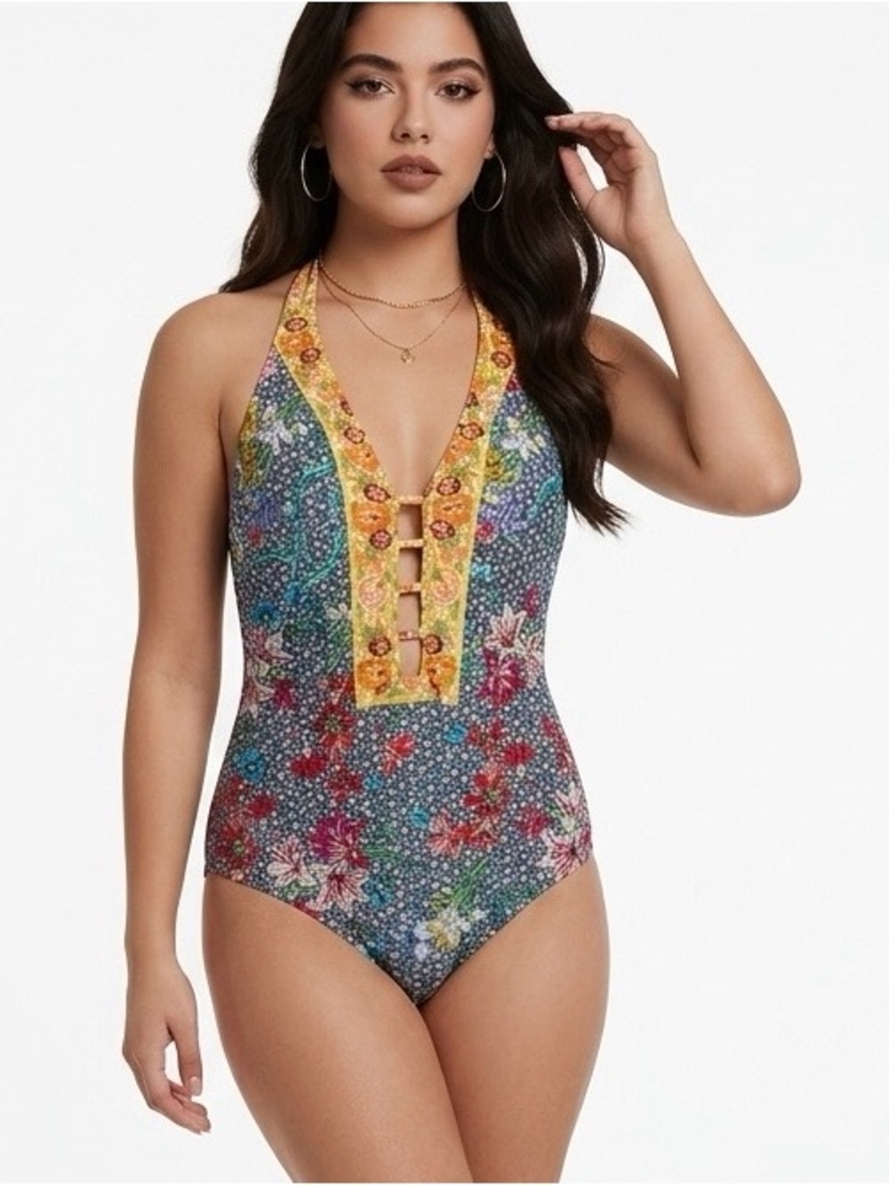 Johnny Was Blue and Multicolor Floral Halter One-Piece